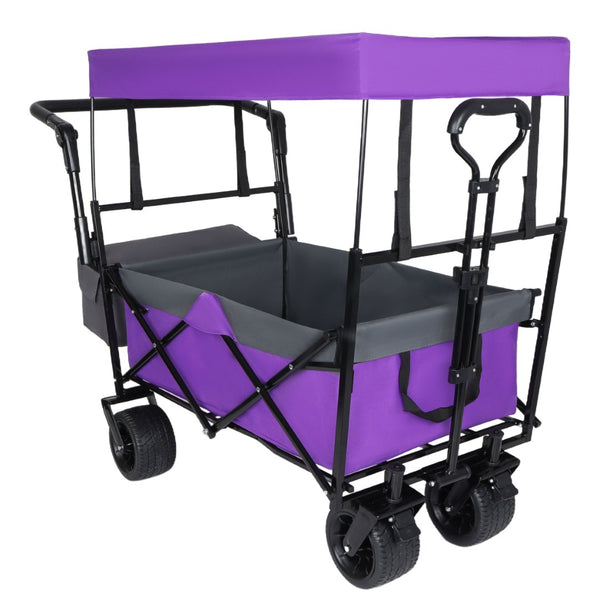 English Elm With Canopy and Steel Frame Collapsible Wagon All-terrain Heavy Duty Outdoor Cart Purple W2932P326775