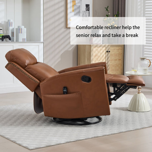 English Elm Deep Ochre Genuine Leather Swivel Rocker Recliner with Massage Heat for Living Room W1803P323711