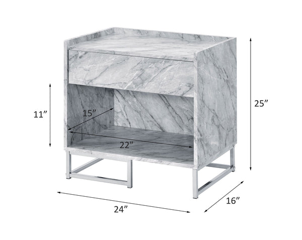 English Elm Azrael White Faux Marble Top Accent Table with Chrome Metal Base, Drawer & Open Storage, 100lb Limit B2726P340578