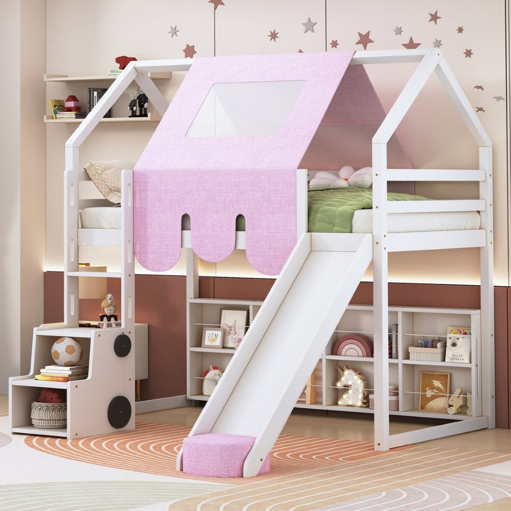 English Elm Twin House Loft Bed with Tent Canopy Slide and Shelves Pinewood Kids Frame White LT000682AAK