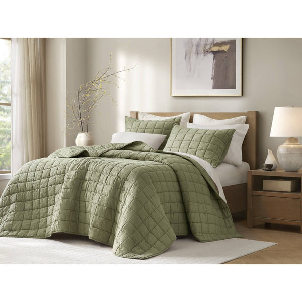 English Elm 3-piece French Linen Quilt Set King Garment Washed Box Stitch Breathable Bedding Olive Green B035P408302