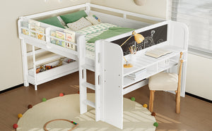 English Elm Twin Low Loft Bed Solid Pine Frame Kids Study Desk Blackboard Storage White Light White W1580S00299