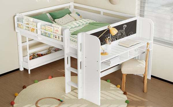 English Elm Twin Low Loft Bed Solid Pine Frame Kids Study Desk Blackboard Storage White Light White W1580S00299