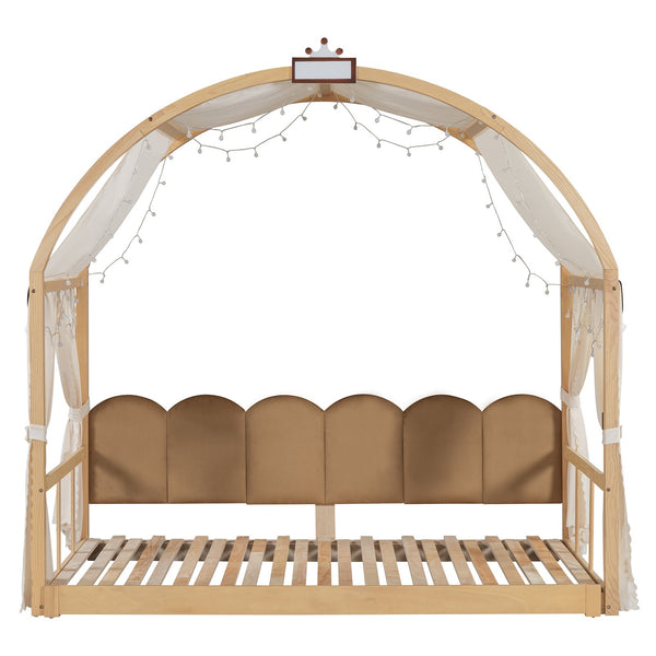 English Elm Twin Pinewood Ground-Level Canopy Bed with Arched Roof and Trundle for Kids—Whimsical, Sturdy Design Natural N820P181648N