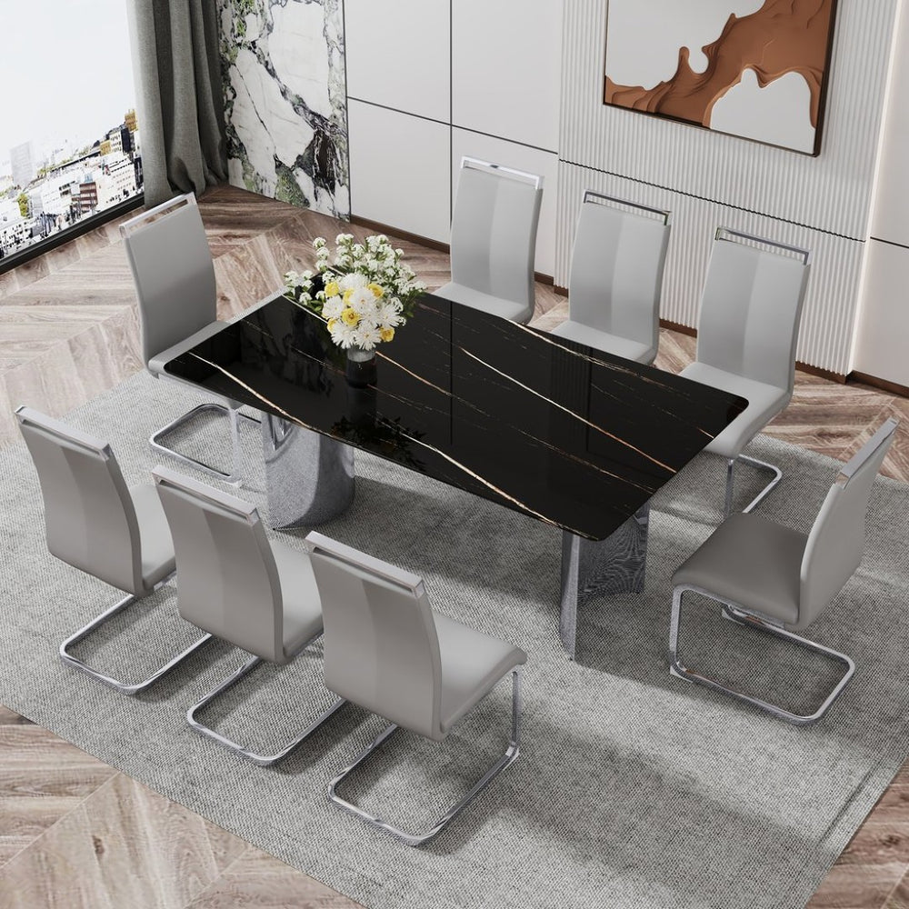 English Elm Table Set With 8 Light Gray Pu Chairs & Stunning Black Marble-Pattern Glass Top, Silver Legs W1151S02606-GIGA
