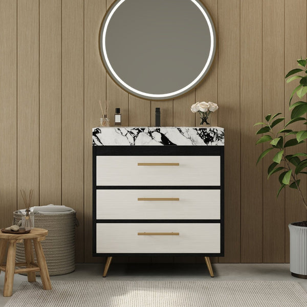 English Elm Modern Freestanding Bathroom Vanity with Sintered Stone Top and Golden Steel Legs W3136S00050