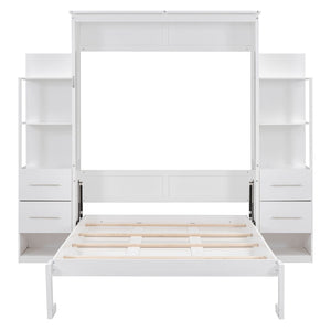 English Elm Full Size Murphy Wall Bed with Led Lighting Shelves Drawers and Fold Down Storage LP100565AAK