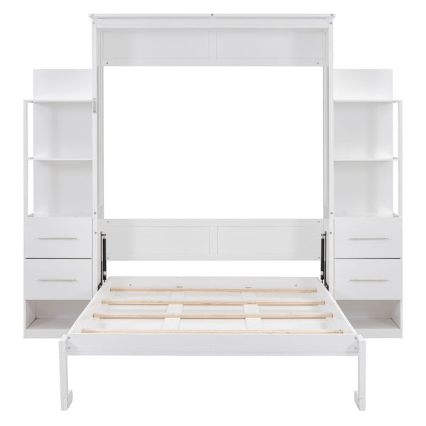 English Elm Full Size Murphy Wall Bed with Led Lighting Shelves Drawers and Fold Down Storage LP100565AAK