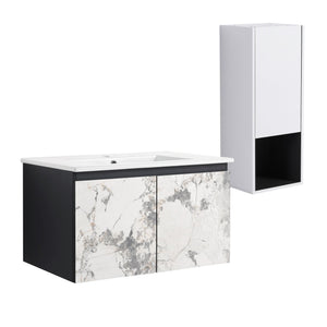 English Elm 30" Wall-Mounted Bathroom Vanity Set With Ceramic Sink, Soft-Close Doors & Ample Storage Solution W999S00331