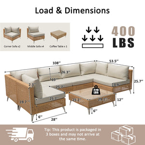 English Elm K&k 7 Piece Outdoor Modular Sectional Wicker Sofa Set with Tempered Glass Coffee Table Beige,Orange N707S000011Z