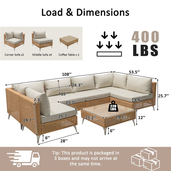 English Elm K&k 7 Piece Outdoor Modular Sectional Wicker Sofa Set with Tempered Glass Coffee Table Beige,Orange N707S000011Z