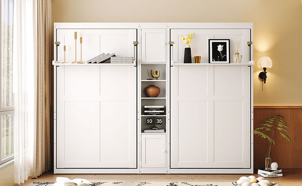 English Elm Dual Twin Murphy Beds with Built-In Cabinets & Shelves for Space-Saving Guest Rooms and Studios White N820S00058K