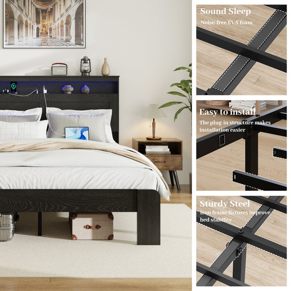 English Elm Bed Frame Queen Size With Storage, Led Headboard & Usb Charging - Easy Assembly, Noise-Free Design! W636P265339