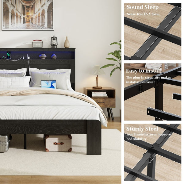 English Elm Bed King Platform Frame with Led Headboard Usb Charging Wood Slats Dark Finish W636P265340