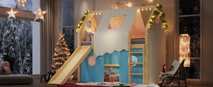English Elm Twin Pine Loft Bed with House Frame Tent Led Lights Slide and Floor Space Below W1580S00290