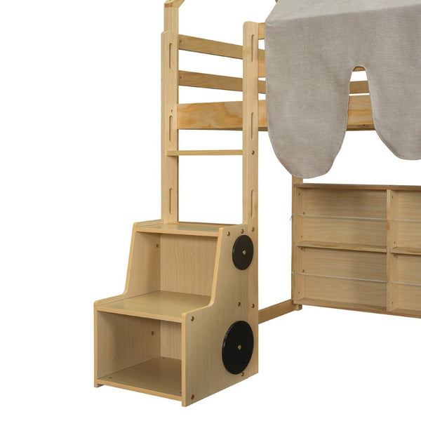 English Elm Twin House Loft Bed with Tent Canopy Slide and Shelves Pinewood Kids Frame Natural LT000682AAD