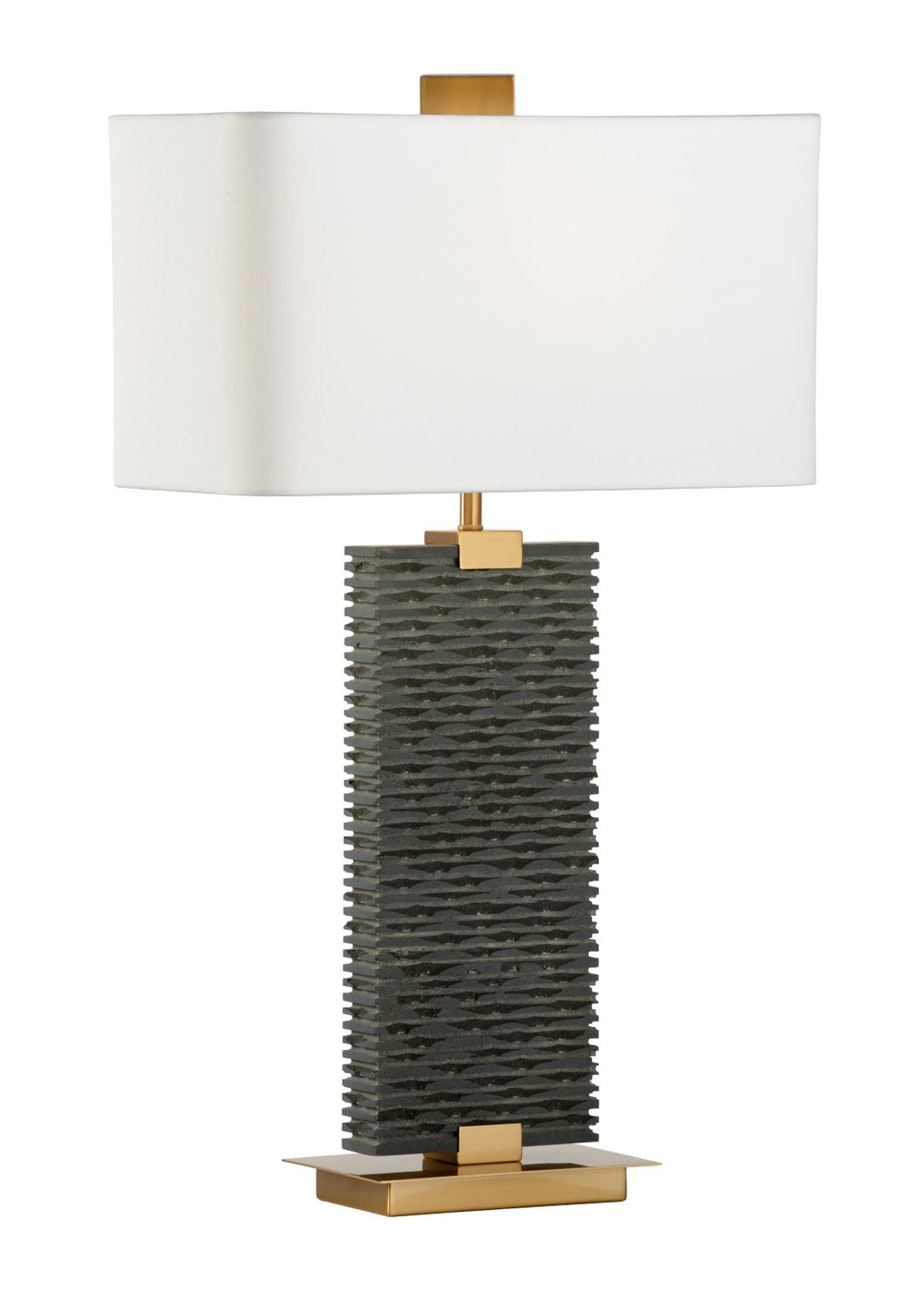 Wildwood Stonehenge Handcrafted Black Stone Lamp With Antique Brass Accents And White Linen Shade, 32" 21257