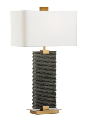 Wildwood Stonehenge Handcrafted Black Stone Lamp With Antique Brass Accents And White Linen Shade, 32" 21257