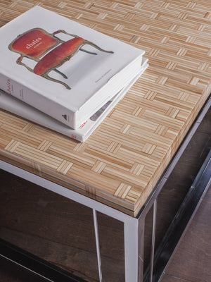 Lexington Artistica Home Thatch Rectangular Cocktail Table - Contemporary Design With Rattan Marquetry & Glass Shelf Elegance Light Golden Brown Wood 2126-945c