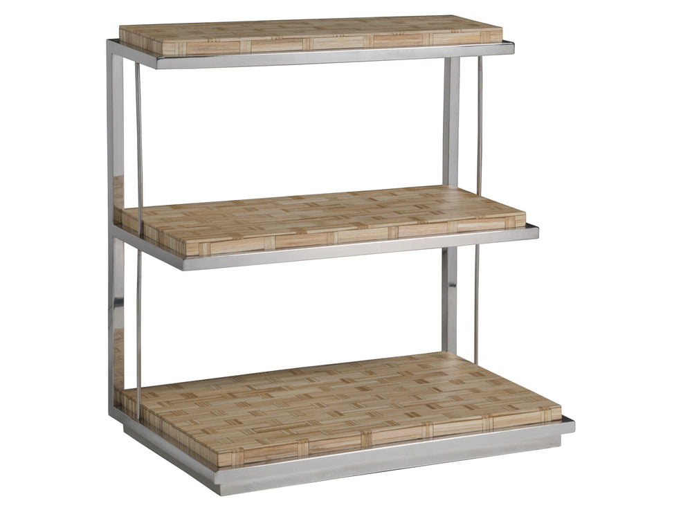 Lexington Artistica Home Thatch Three Tiered Spot Table - Contemporary Rattan Marquetry Design On Polished Stainless Steel Base Light Golden Brown Wood 2126-955