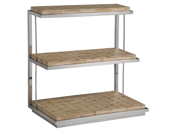 Lexington Artistica Home Thatch Three Tiered Spot Table - Contemporary Rattan Marquetry Design On Polished Stainless Steel Base Light Golden Brown Wood 2126-955