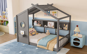 English Elm Twin House Floor Bed for Kids Montessori Playhouse with Roof, Built-In Shelf, Sturdy Pine Frame, Safeologna Gray 78.6 L x 16.6 W x 6.85 H N733P335064E