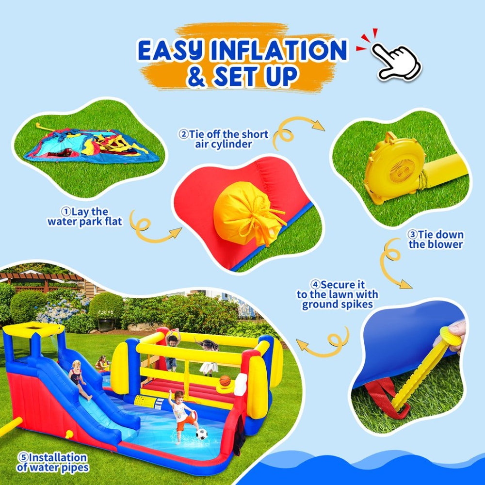 English Elm 9 in 1 Inflatable Bounce House Backyard Water Park with Slide Pool and Sprinkler W1677P247442