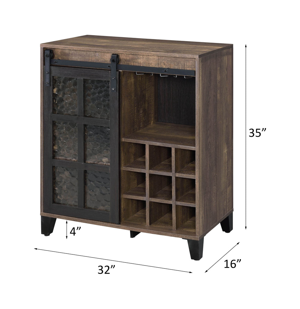 English Elm Treju Rustic Oak & Black Wine Cabinet with Obscure Glass Door, Adjustable Shelves & Stemware Rack B2726P268770