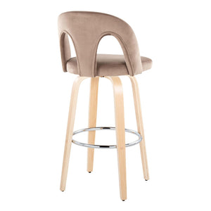 English Elm Fixed-height Swivel Barstools Taupe Velvet Natural Wood Legs Chrome Footrest Set B202S01877