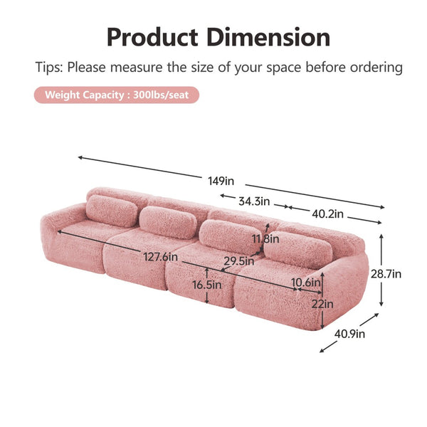 English Elm 149'' Plush Modular Cloud Sofa Boneless Ergonomic Design for Home Theater Lounge Pink W714S01562