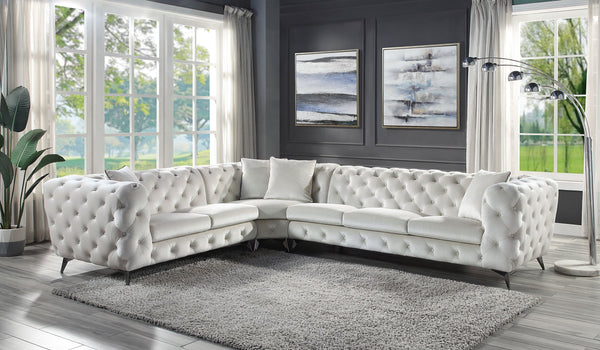 English Elm Atronia Beige Sectional Sofa with 4 Pillows — Button Tufted Fabric, Pocket Coil Seats, Removable Covers B2726S00353