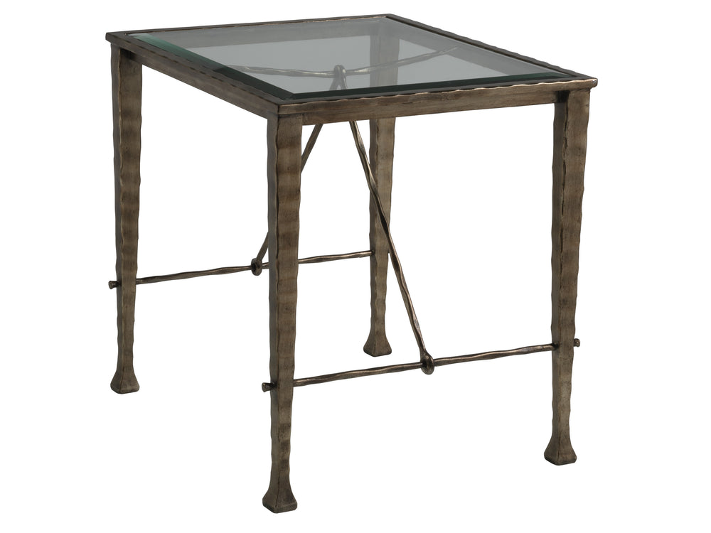 Lexington Artistica Home Cortona Elegant Rectangular End Table With Unique Hammered Iron Base And Tempered Glass Top Design Natural Iron Wood 2129-955c