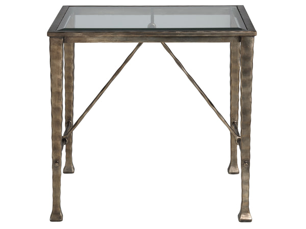 Lexington Artistica Home Cortona Elegant Rectangular End Table With Unique Hammered Iron Base And Tempered Glass Top Design Natural Iron Wood 2129-955c
