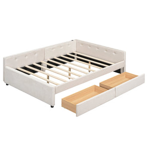 English Elm Full Full Size Upholstered Platform Bed with USB Ports, 2 Storage Drawers, Beige Linen Elegance DL000585AAA