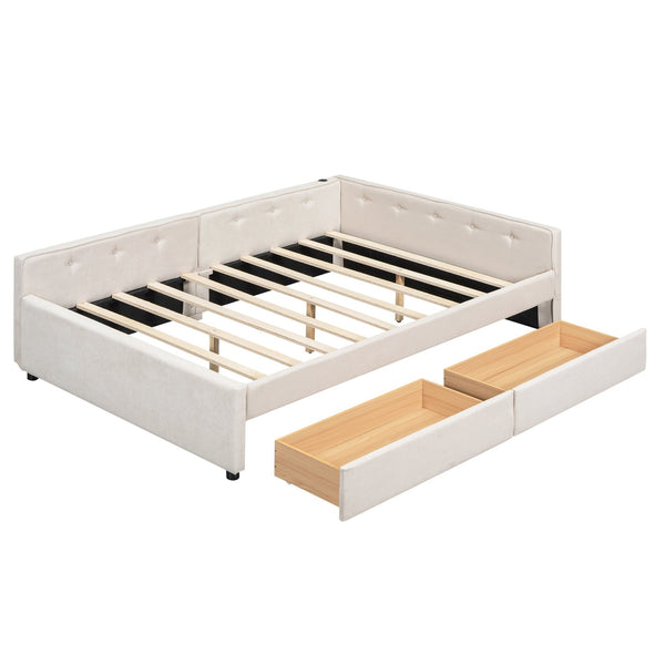 English Elm Full Full Size Upholstered Platform Bed with USB Ports, 2 Storage Drawers, Beige Linen Elegance DL000585AAA