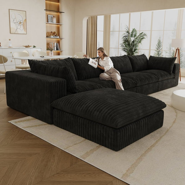 English Elm 157.6" Corduroy Modular Cloud Sofa Feather Fill Deep Lounge Seating for Living Room Black W2824S00185