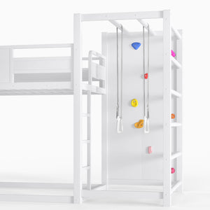 English Elm Twin Metal Loft Bed with Slide Basketball Hoop Climbing Wall and Built-in Shelves White W1580S00633