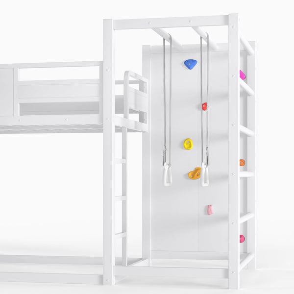 English Elm Twin Metal Loft Bed with Slide Basketball Hoop Climbing Wall and Built-in Shelves White W1580S00633