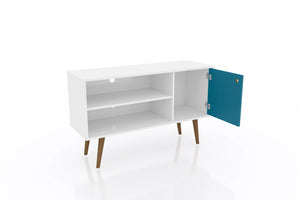 Manhattan Comfort Liberty Mid-Century Modern TV Stand White and Aqua Blue 212BMC63