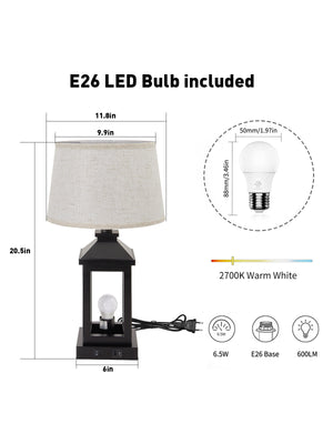 English Elm 20.5in Vintage Table Lamp Set of 2 Rustic Farmhouse Nightstand Lamps with Linen Shade & USB Ports Black W2312P389974