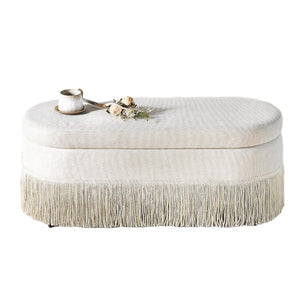 English Elm Oval Fringe Trim Upholstered Lift Top Storage Ottoman Stylish Footrest for Any Room Beige W5501P462403