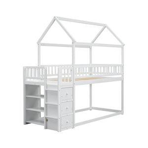 English Elm Twin/twin House Bunk Bed Solid Pine Playhouse Frame with Storage Drawers Shelves White W697S00032