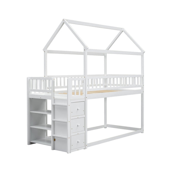 English Elm Twin/twin House Bunk Bed Solid Pine Playhouse Frame with Storage Drawers Shelves White W697S00032