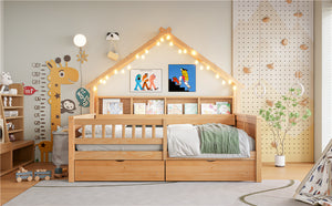 English Elm Wood Full Size Gaming Loft Bed with Integrated Desk, Shelves, LED Lighting & Hanging Clothes Rack Natural N7090001044N