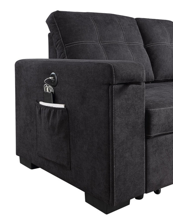 English Elm Ollie Woven Fabric Sleeper Sectional with Storage Chaise and Built-in Charging Ports Black B2749S00017