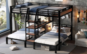 English Elm Twin Triple Bunk Bed Black Metal Frame with Built-in Storage Stairs and Shelves W1580S00620