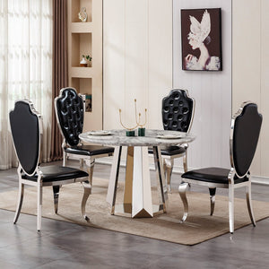 English Elm 47" Round Marble Dining Table - Elegant High Gloss Faux Marble Top & Durable Stainless Steel Base W3456S00008