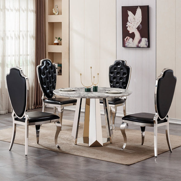 English Elm 47" Round Marble Dining Table - Elegant High Gloss Faux Marble Top & Durable Stainless Steel Base W3456S00008