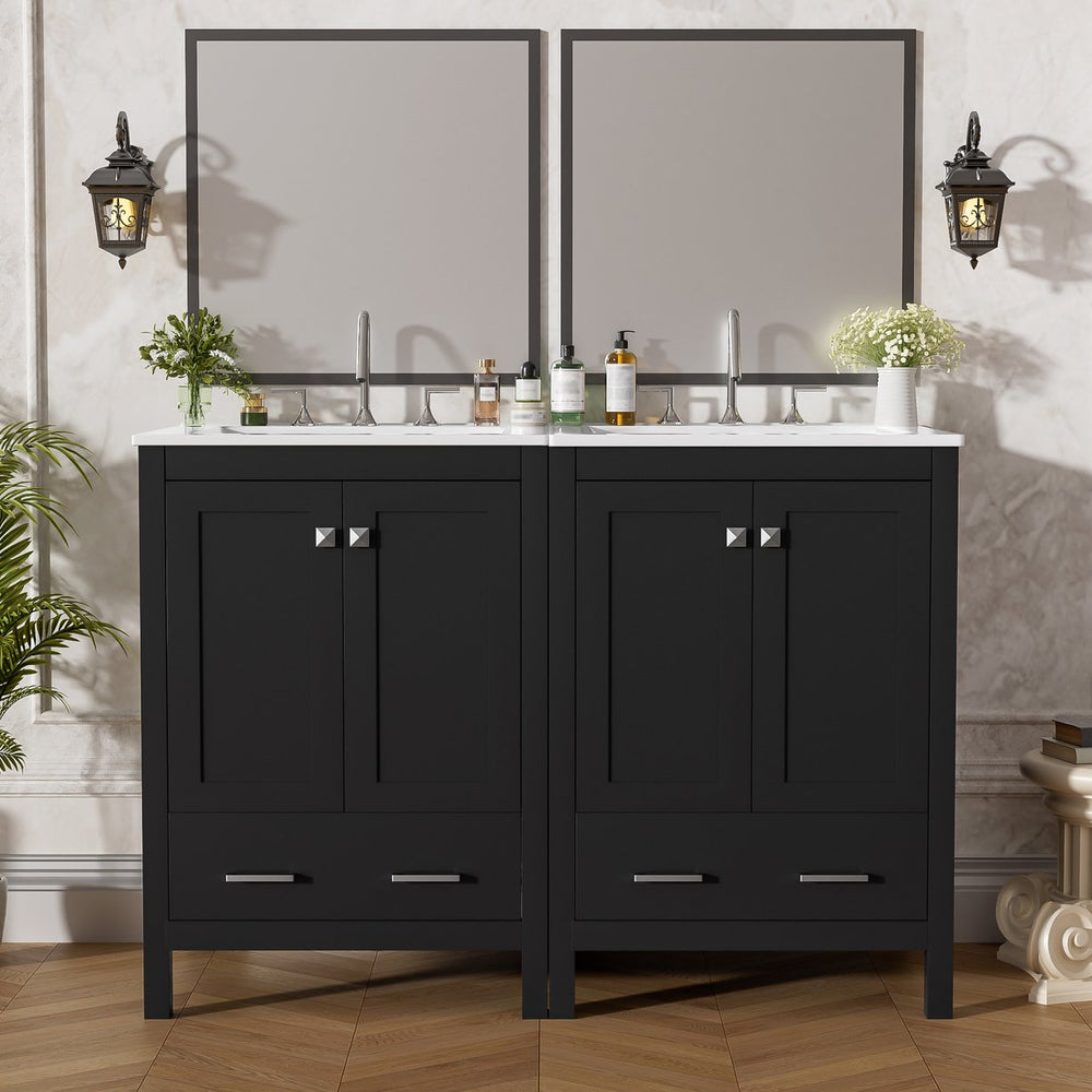 English Elm 48-Inch Modern Bathroom Vanity with Dual Ceramic Sinks, Ample Soft-Close Storage and Stylish Design Black N729P000009B