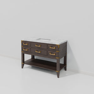 English Elm Brown Oak Single-Sink Vanity 48" With Elegant Carrara Marble Top, Soft-Close Drawers & Ample Storage B2731P260212